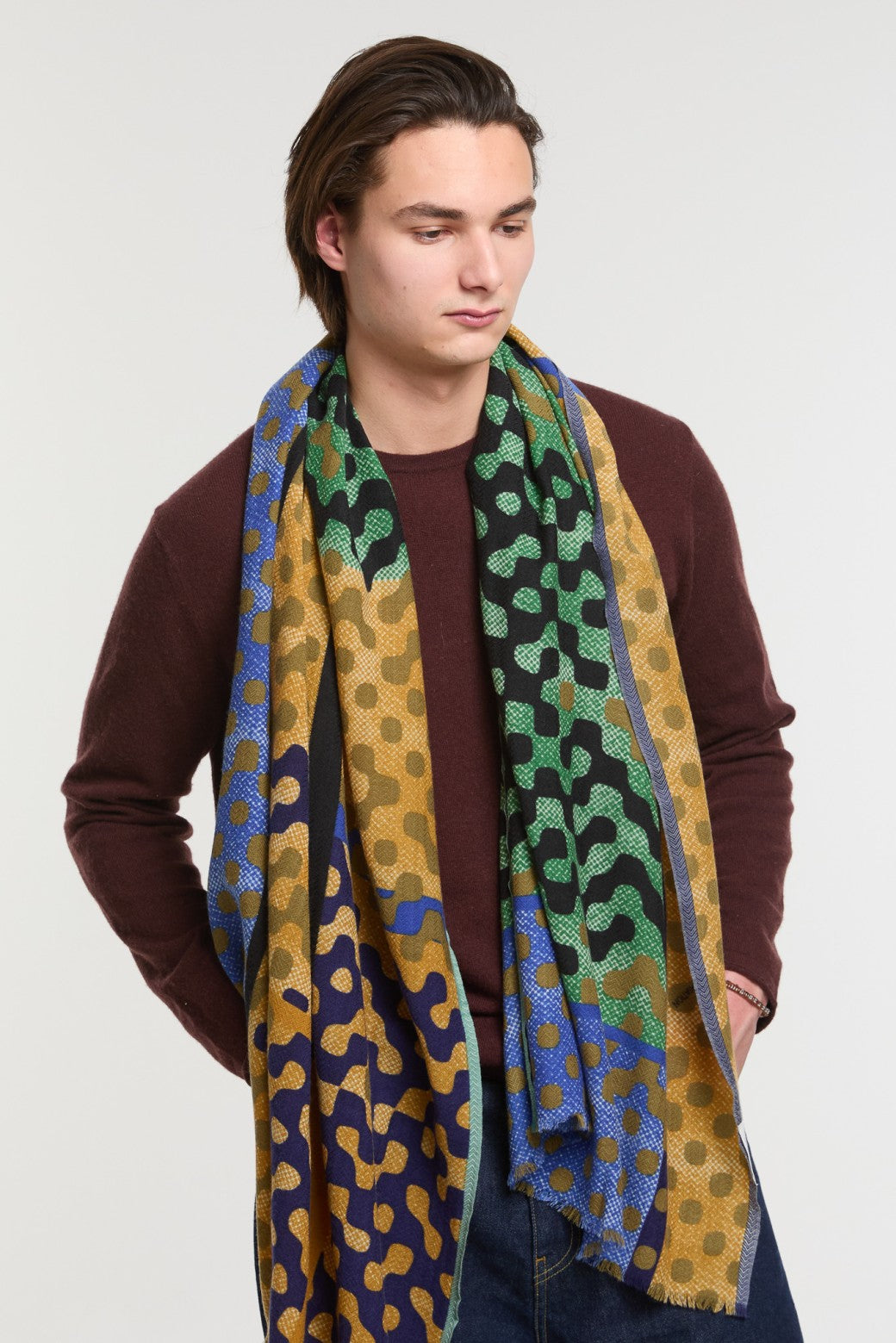 Ma Poesie Variation fine wool scarf in black and green and mustard.