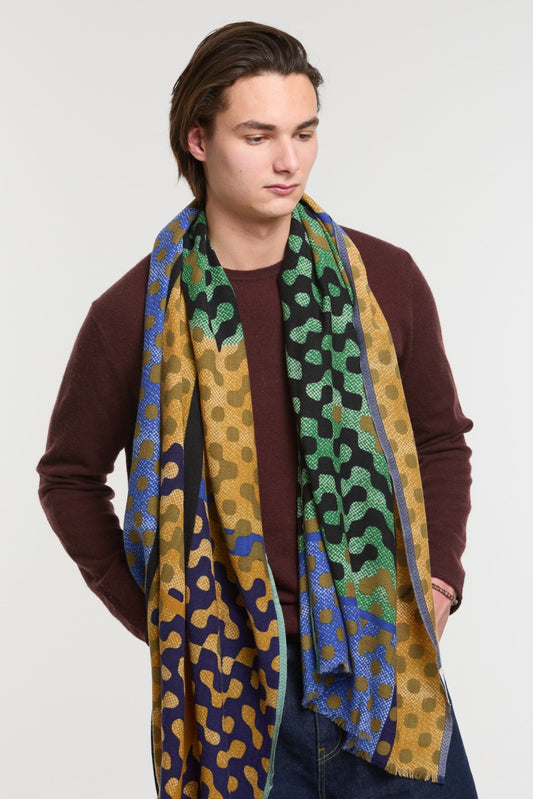 Ma Poesie Variation fine wool scarf in black and green and mustard.