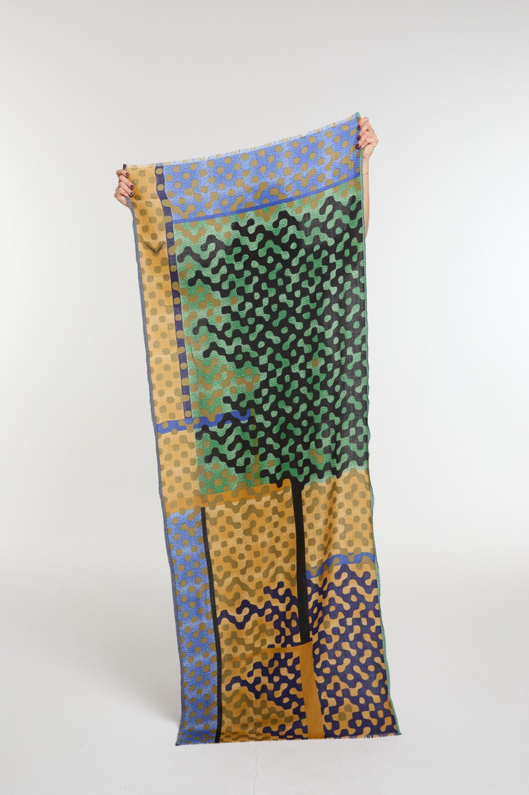 Ma Poesie Variation fine wool scarf in black and green and mustard.