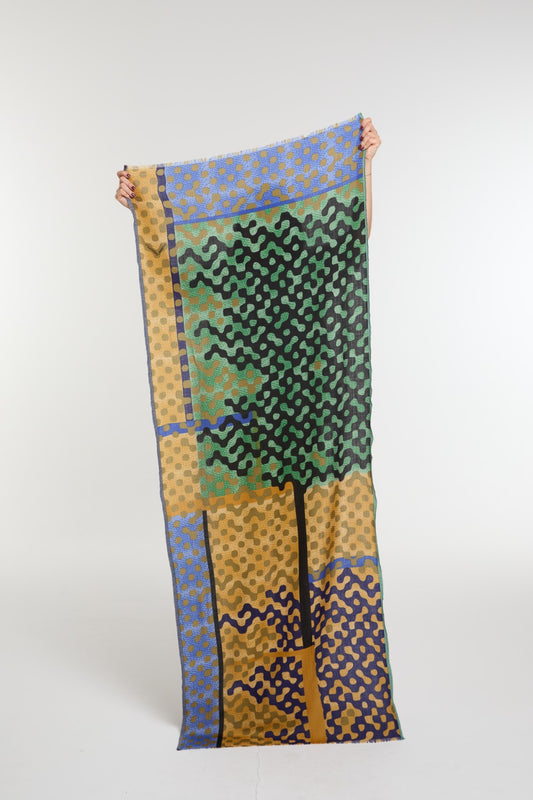 Ma Poesie Variation fine wool scarf in black and green and mustard.