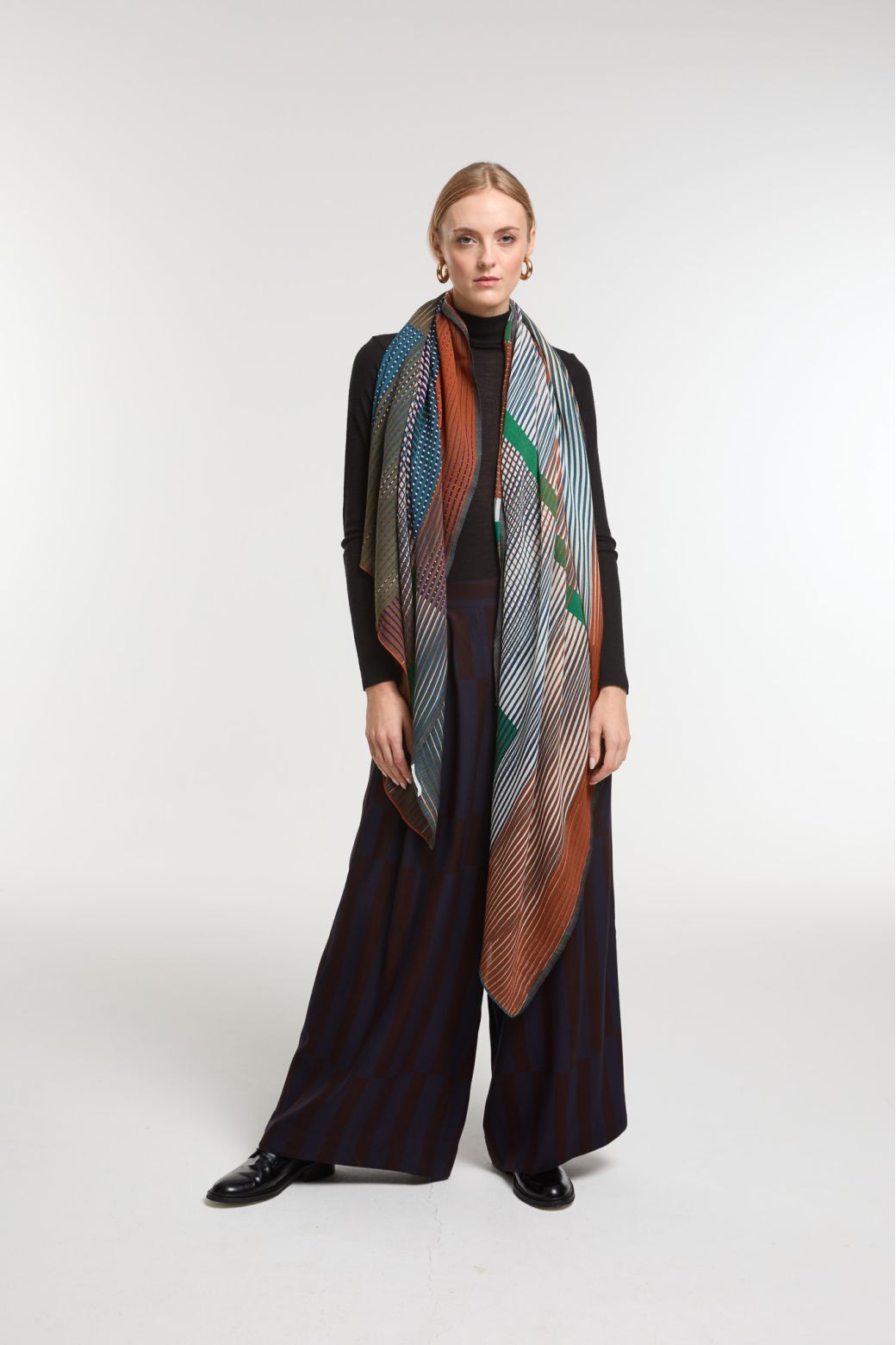 Ma Poesie Vibrant fine wool scarf in brown, olive green and teal stripes.