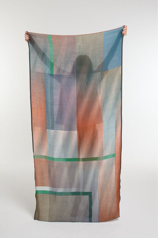 Ma Poesie Vibrant fine wool scarf in brown, olive green and teal stripes.