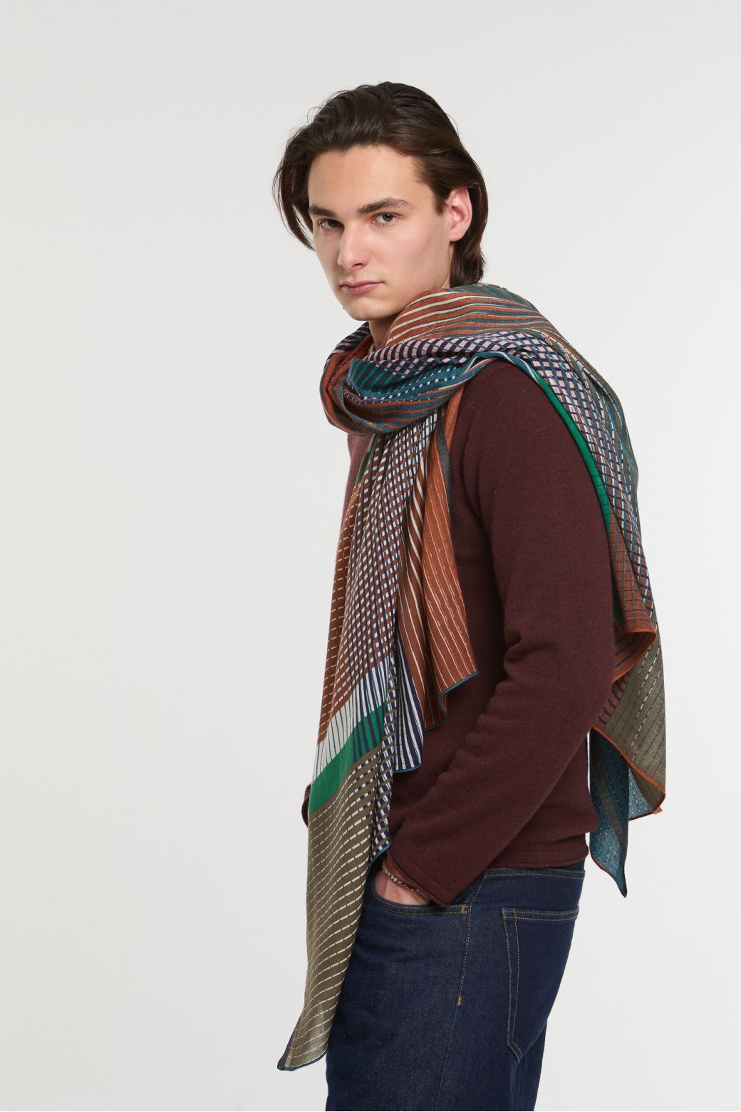 Ma Poesie Vibrant fine wool scarf in brown, olive green and teal stripes.