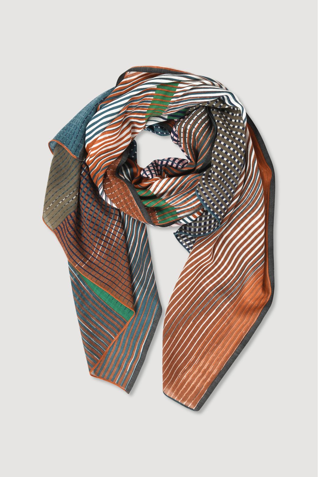 Ma Poesie Vibrant fine wool scarf in brown, olive green and teal stripes.