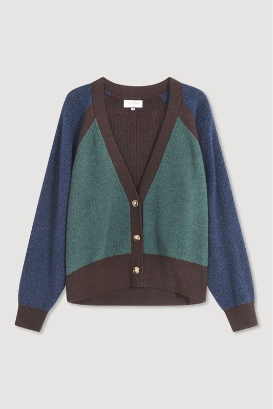 Ma Poesie Claude pure wool colour-blocked rib knit cardigan with blue, green, and brown sections.
