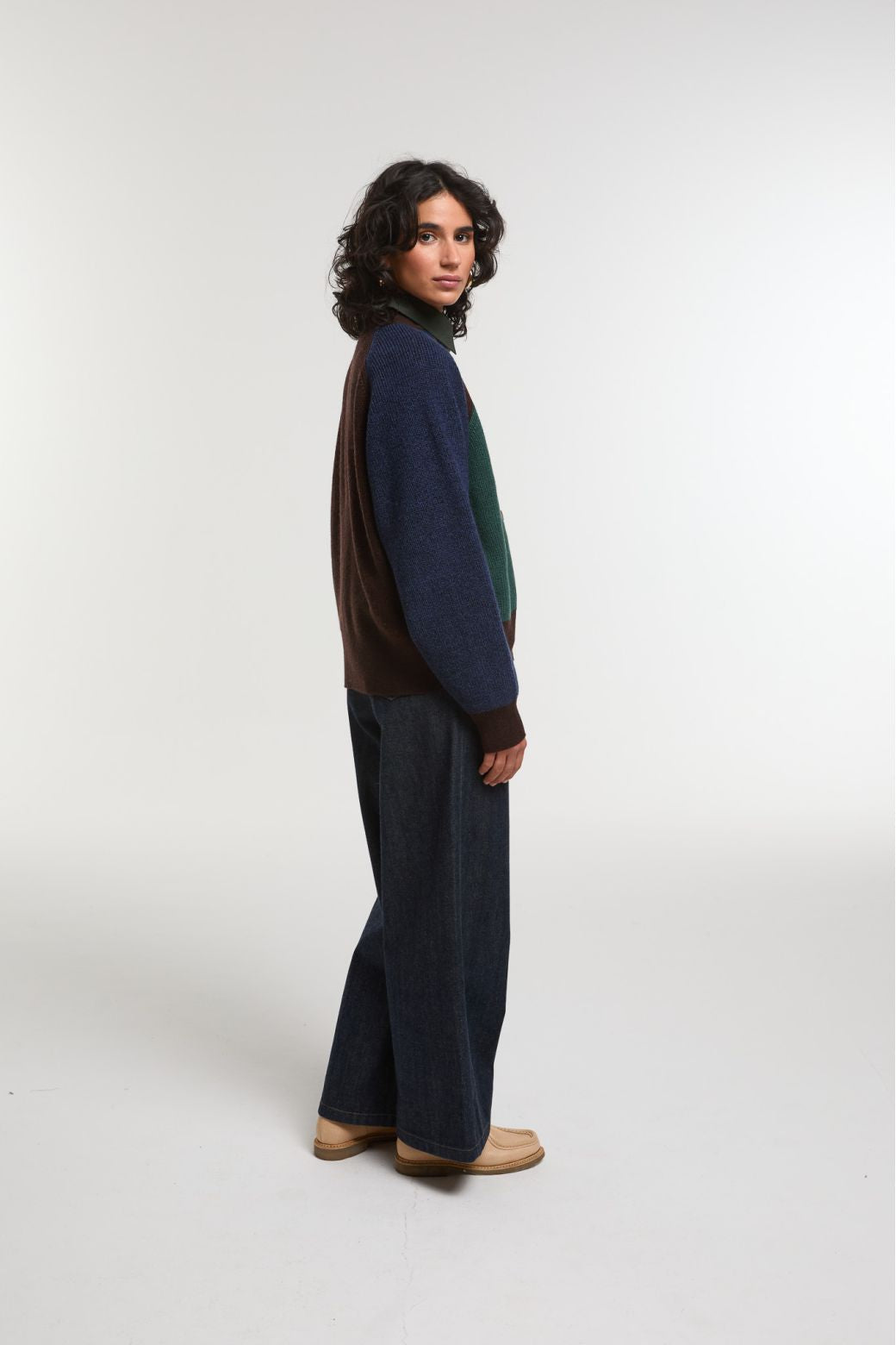 Ma Poesie Claude pure wool colour-blocked rib knit cardigan with blue, green, and brown sections.