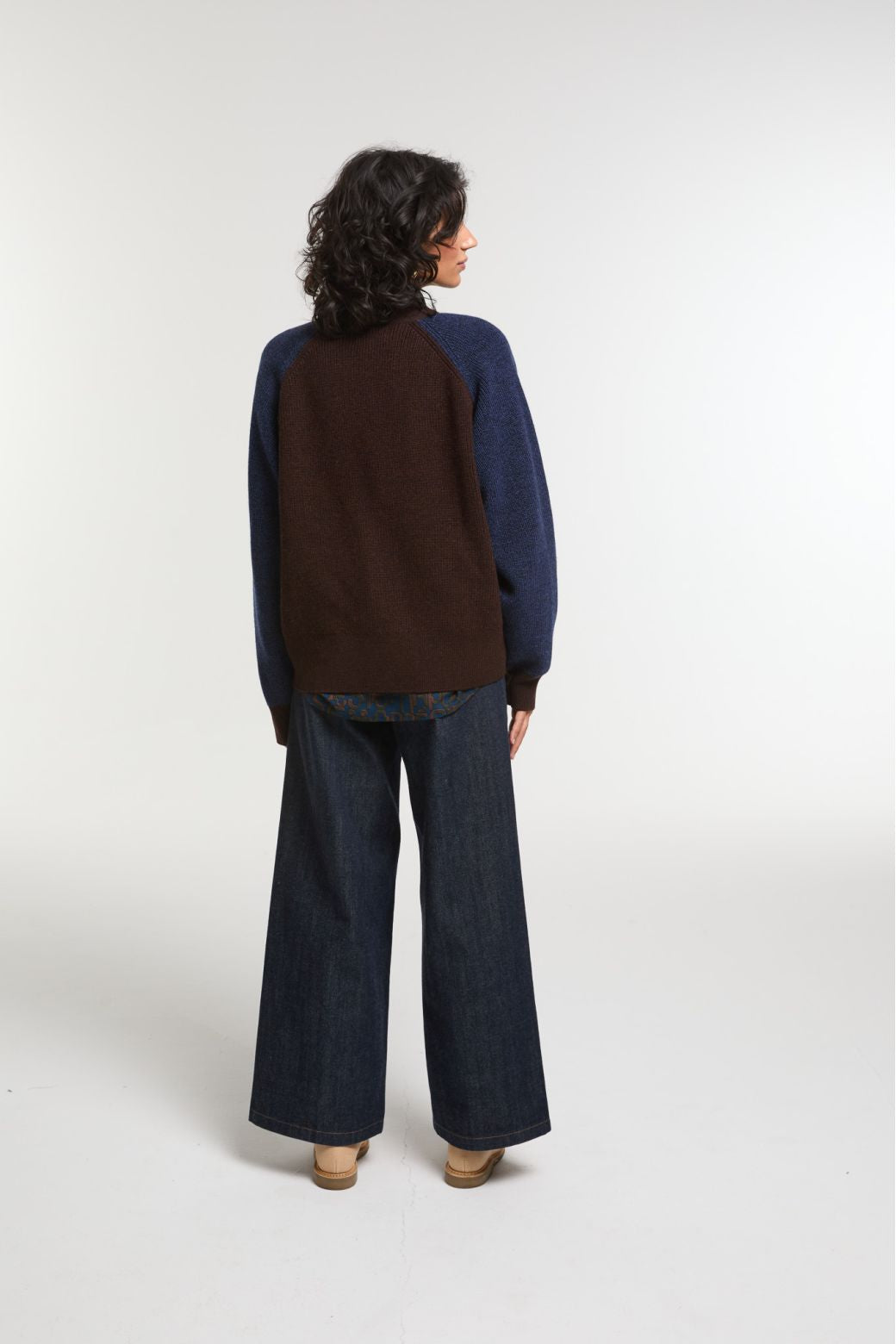 Ma Poesie Claude pure wool colour-blocked rib knit cardigan with blue, green, and brown sections.