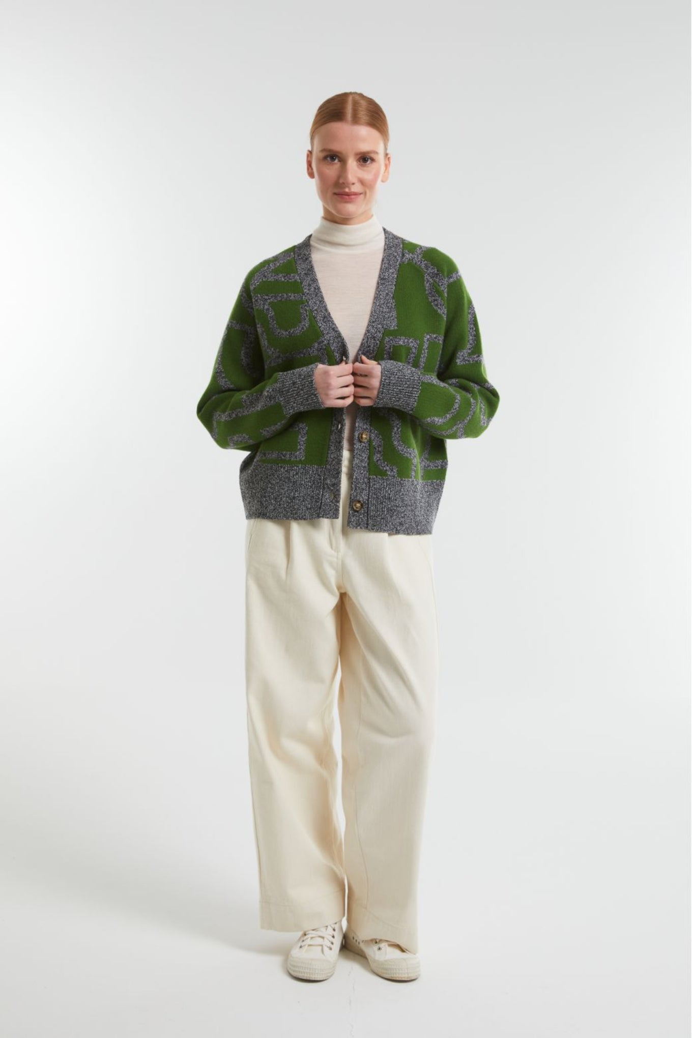 Ma Poesie Claude Lyrique merino wool jacquard cardigan in mousse, grey and green.