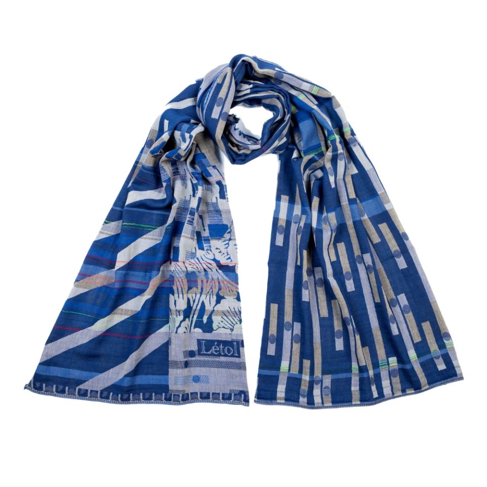 Letol organic cotton scarf Nicolas roi royal blue abstract geometric design.