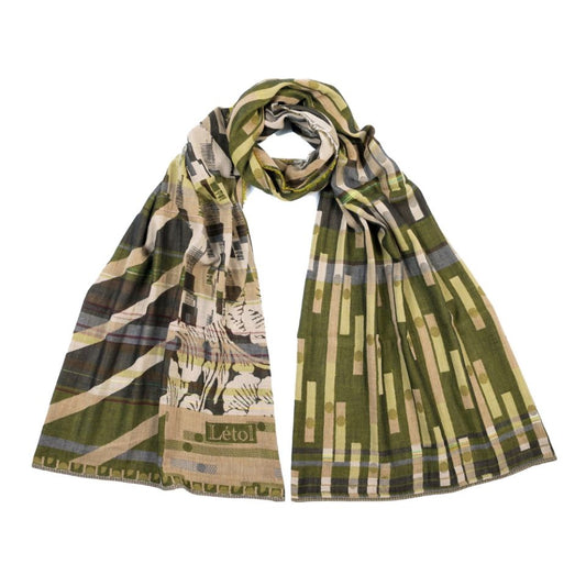 Letol organic cotton scarf Nicolas kaki olive green abstract geometric design.