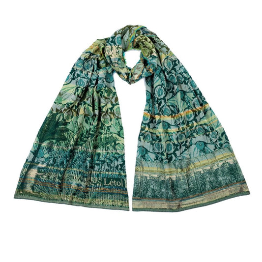 Letol organic cotton jacquard scarf floral design Serena in grenouille green. 