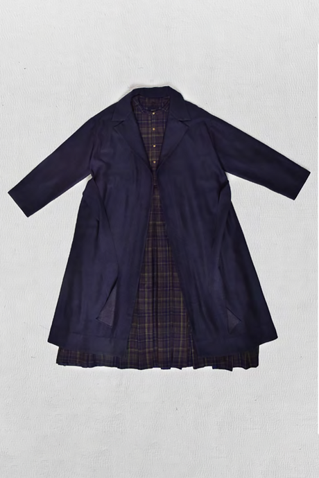 Maku Hyacinth pure wool indigo one size wrap coat with belt.