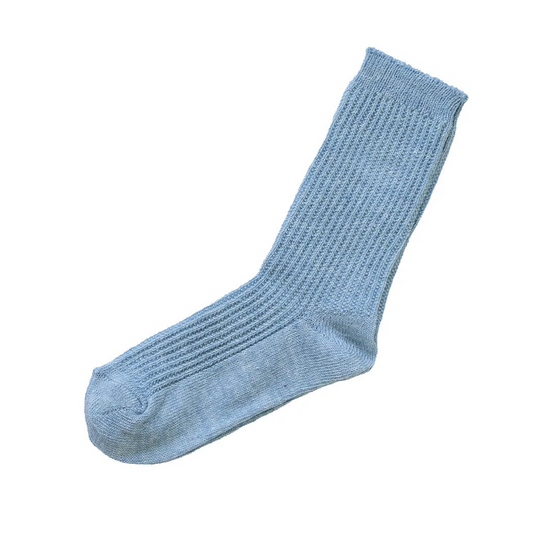 Memeri linen blend rib knit crew length sock made in Japan in valley stream light blue.
