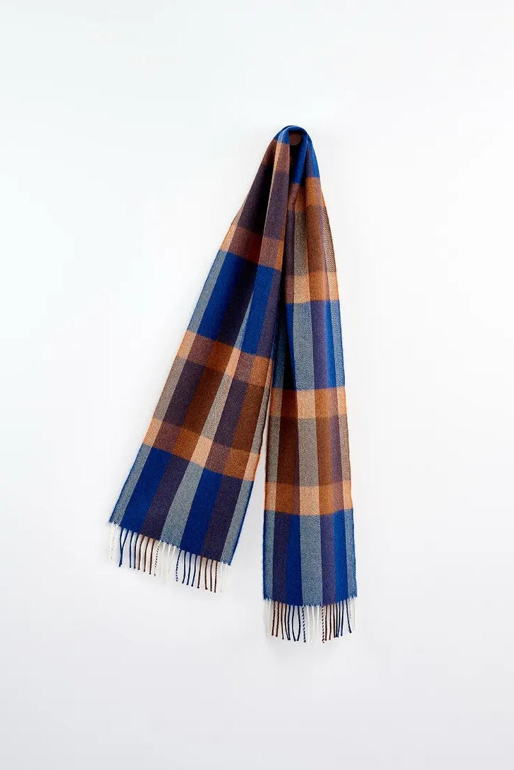Avoca Grieg merino wool plaid scarf with blue and brown pattern.