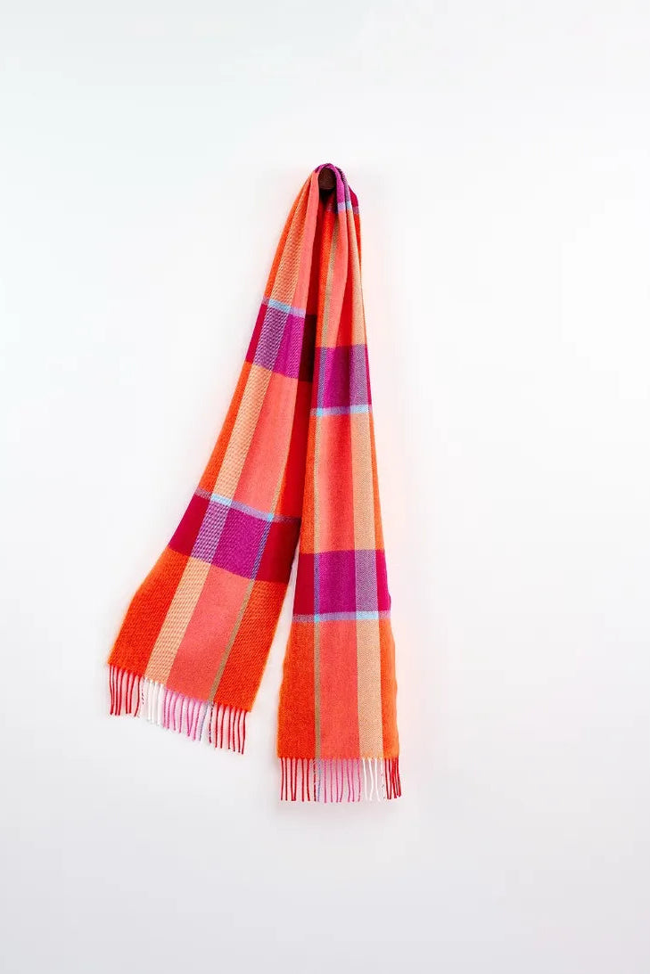 Avoca fine wool Southbank Doll plaid scarf with orange, pink, and purple checks.