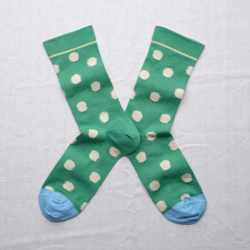 Bonne Maison made in France striped socks Ming green socks with white polka dots.