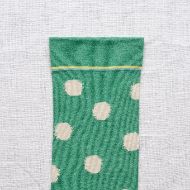 Bonne Maison made in France striped socks Ming green socks with white polka dots.
