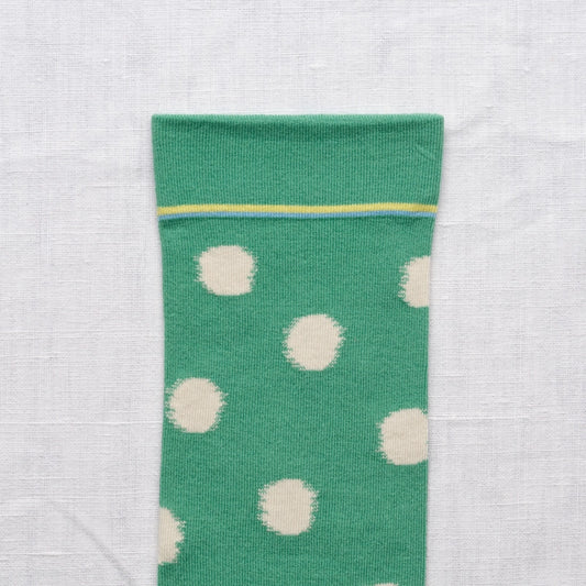 Bonne Maison made in France striped socks Ming green socks with white polka dots.