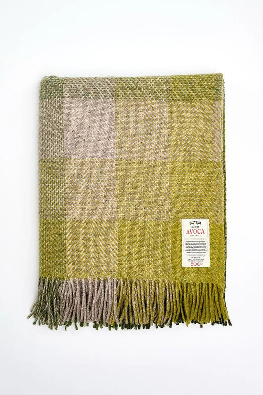 Avoca Century Donegal mohair tweed wool throw in green and beige check.