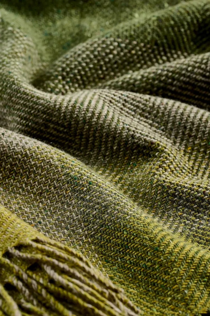 Avoca Century Donegal mohair tweed wool throw in green and beige check.