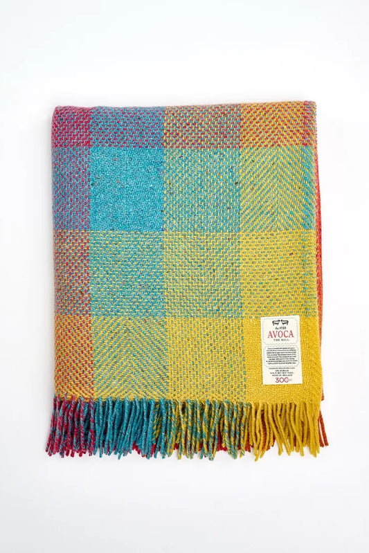 Avoca Century Donegal mohair tweed wool throw Pluto in rainbow colour checks.