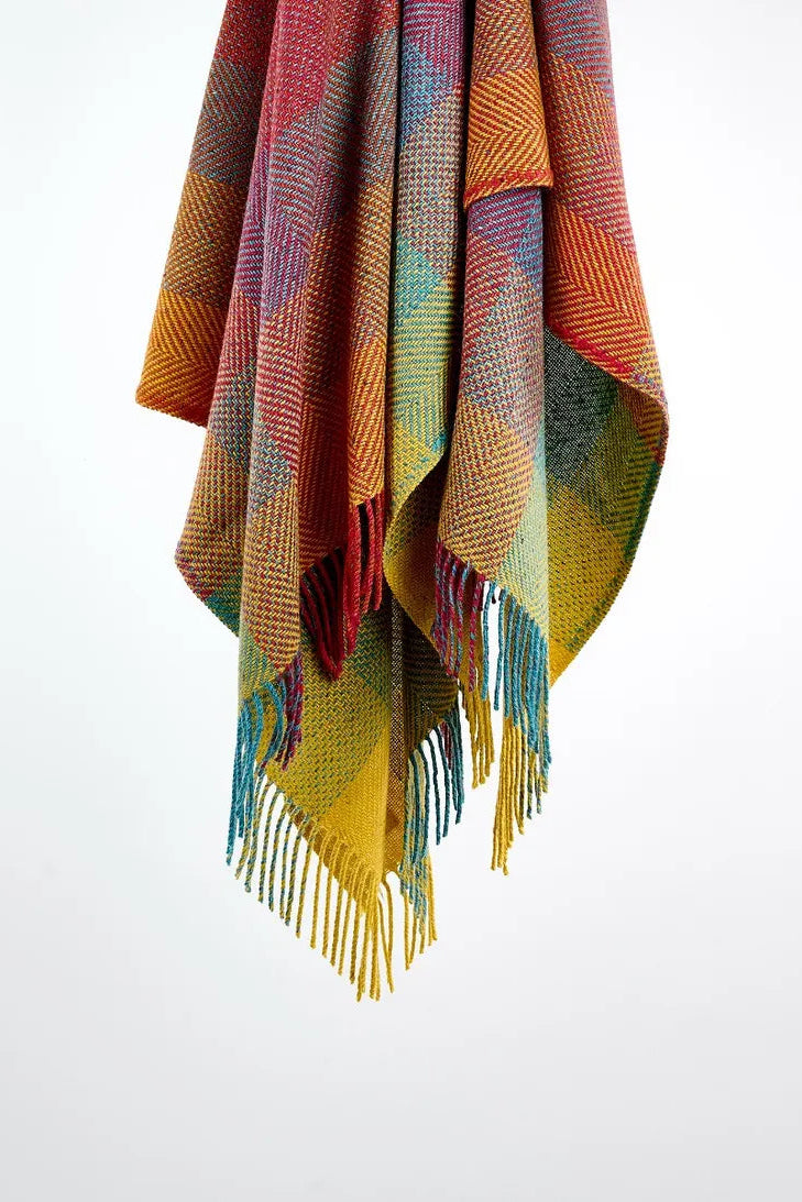 Avoca Century Donegal mohair tweed wool throw Pluto in rainbow colour checks.