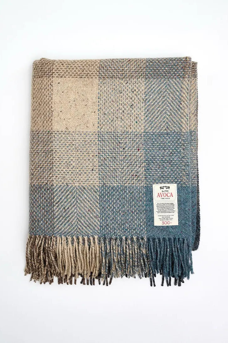 Avoca Century Donegal mohair tweed wool throw in storm grey and blue check.
