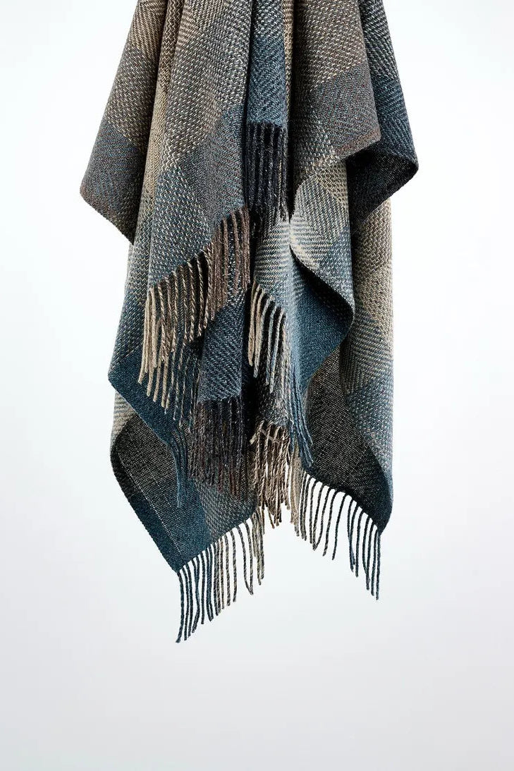 Avoca Century Donegal mohair tweed wool throw in storm grey and blue check.