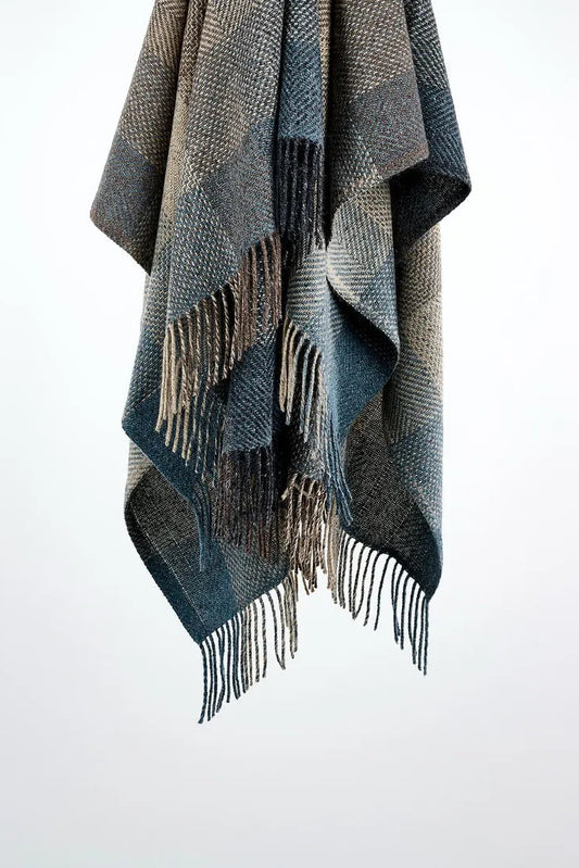 Avoca Century Donegal mohair tweed wool throw in storm grey and blue check.