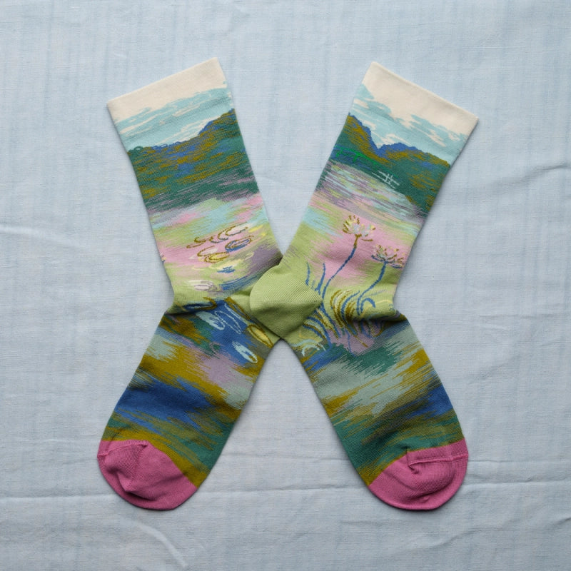 Bonne Maison made in France cotton socks featuring Monet's bridge at Giverny inspired design.