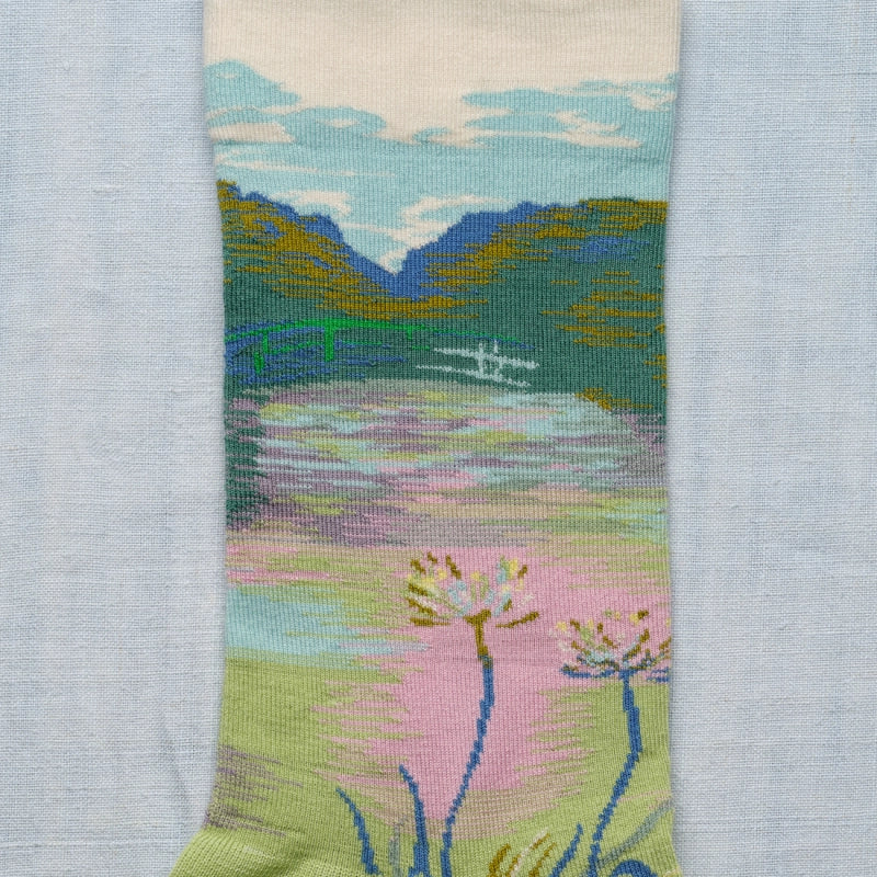 Bonne Maison made in France cotton socks featuring Monet's bridge at Giverny inspired design.
