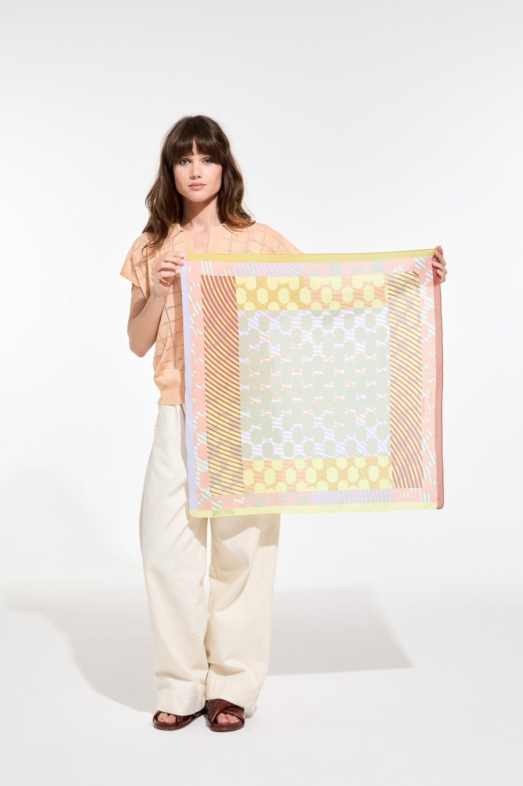 Mapoesie French cotton bandanna square scarf pastel shades in spot Pollen design.