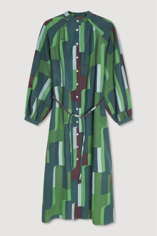 Ma Poesie cotton poplin Eulalie dress Petra print in green.