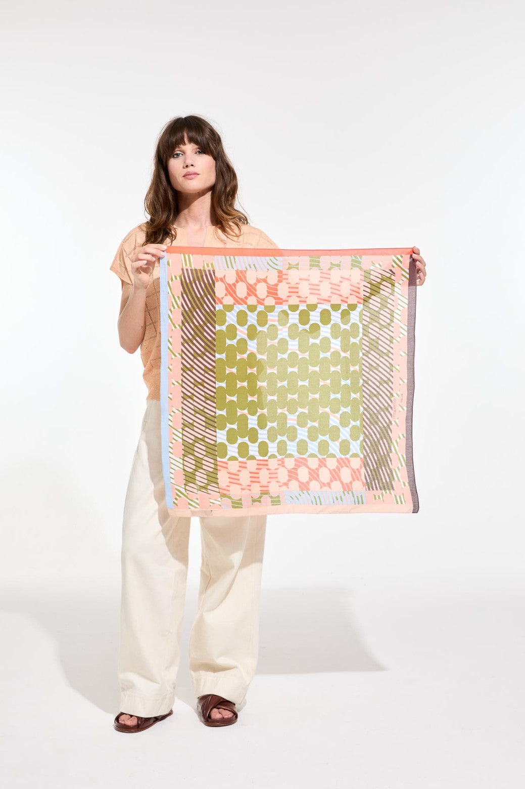 Mapoesie French cotton bandanna square scarf Rose khaki in spot Pollen design.