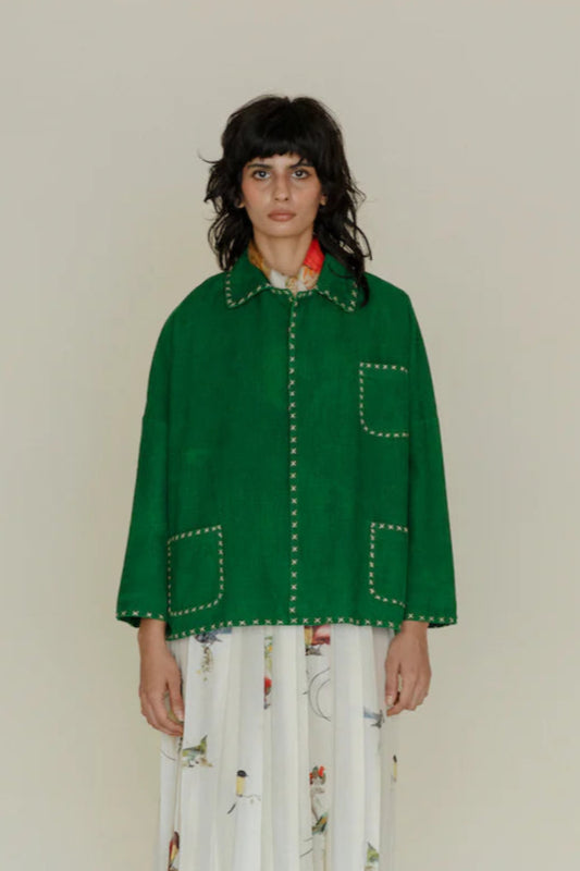 Runaway Bicycle Pete jacket in forest green cotton corduroy.