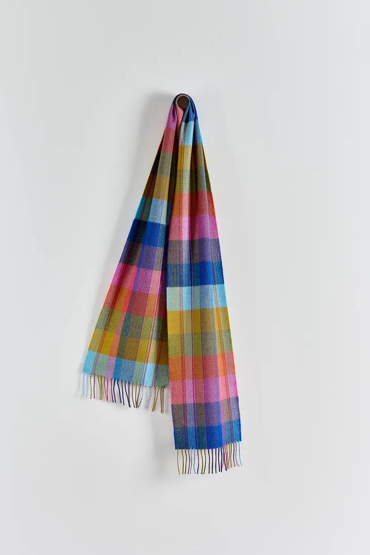 Avoca the Mill made in Ireland merino wool scarf in solstice, bright pastel check and stripe pattern.