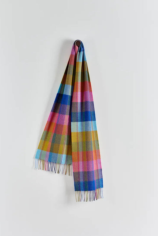 Avoca the Mill made in Ireland merino wool scarf in solstice, bright pastel check and stripe pattern.