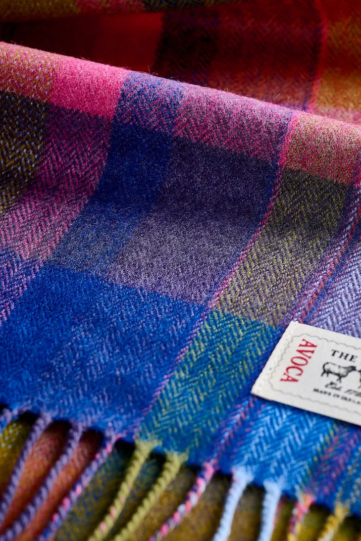 Avoca the Mill made in Ireland merino wool scarf in solstice, bright pastel check and stripe pattern.