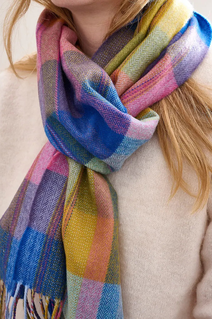 Avoca the Mill made in Ireland merino wool scarf in solstice, bright pastel check and stripe pattern.