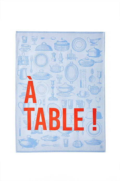 Le Jacquard Francais pure cotton jacquard weave made in France tea towel a table blue with red text.