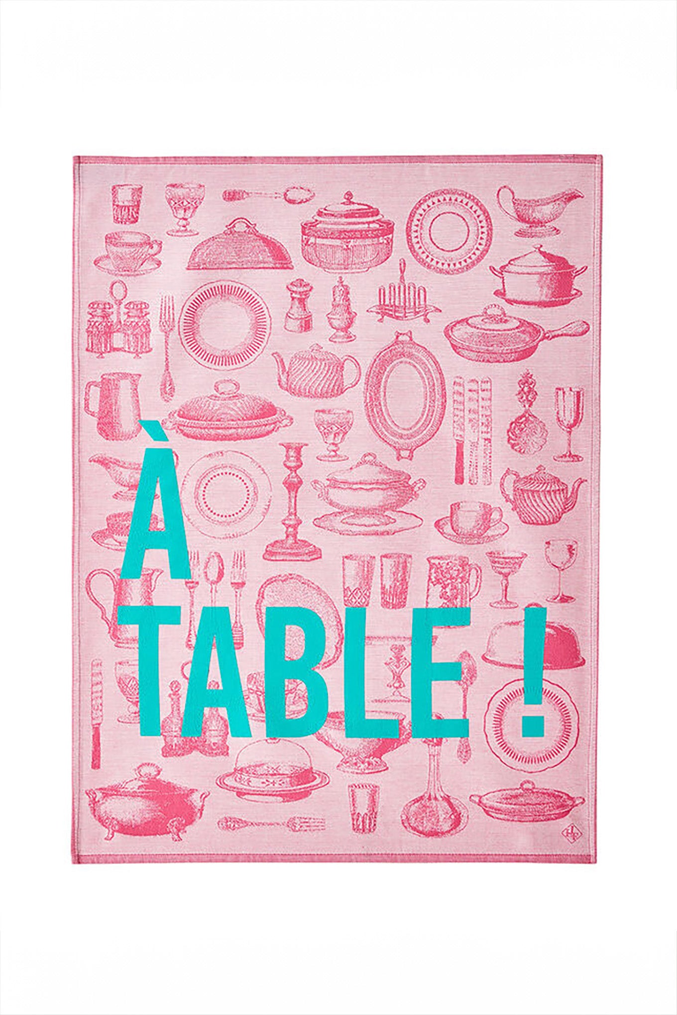 Le Jacquard Francais pure cotton jacquard weave made in France tea towel A Table pink with blue text.