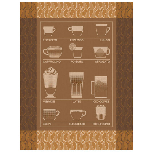 Le Jacquard Francais pure cotton tea towel Barista coffee design in brown.