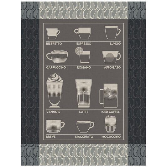Le Jacquard Francais pure cotton tea towel Barista coffee design in black.