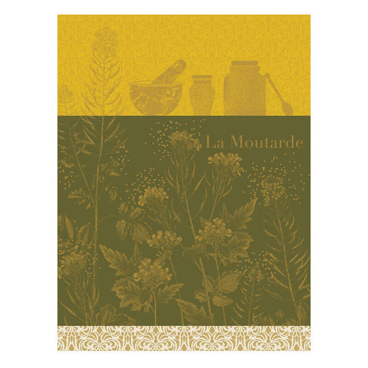 Le Jacquard Francais pure cotton tea towel featuring mustard jars and flowers in olive green and mustard yellow.