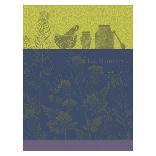 Le Jacquard Francais pure cotton tea towel with mustard-themed design featuring jars and plants on a blue and green background.