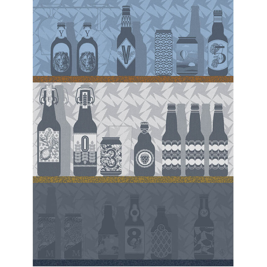 Le Jacquard Francais made in France tea towel Neo Brasseurs bar scene in grey and blue.