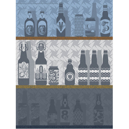 Le Jacquard Francais made in France tea towel Neo Brasseurs bar scene in grey and blue.