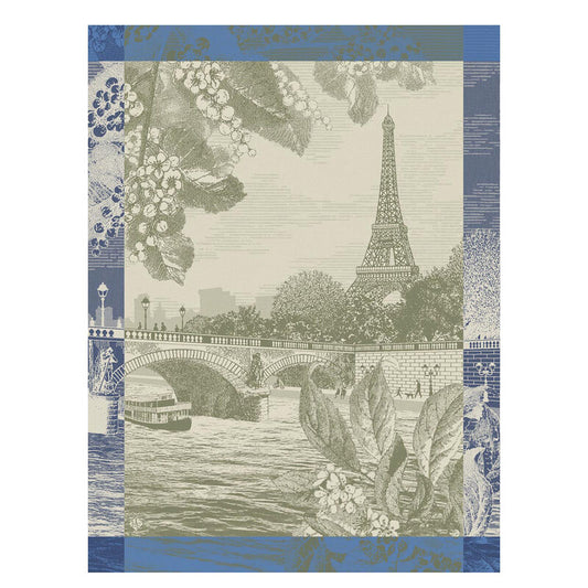 Le Jacquard Francais tea towel depicting  Paris in green and blue.