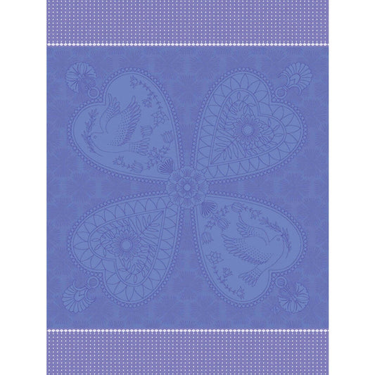 Le Jacquard Francais made in France jacquard weave cotton tea towel peace and love hearts design in blue.