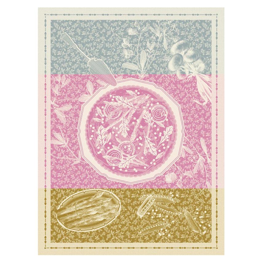 Le Jacquard Francais made in France jacquard weave pure cotton tea towel Tarte Printaniere tablescape in pink, blue and mustard.